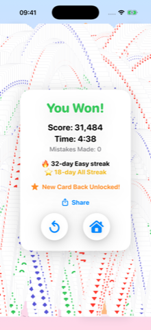 Daily win screen with streaks and a new card back